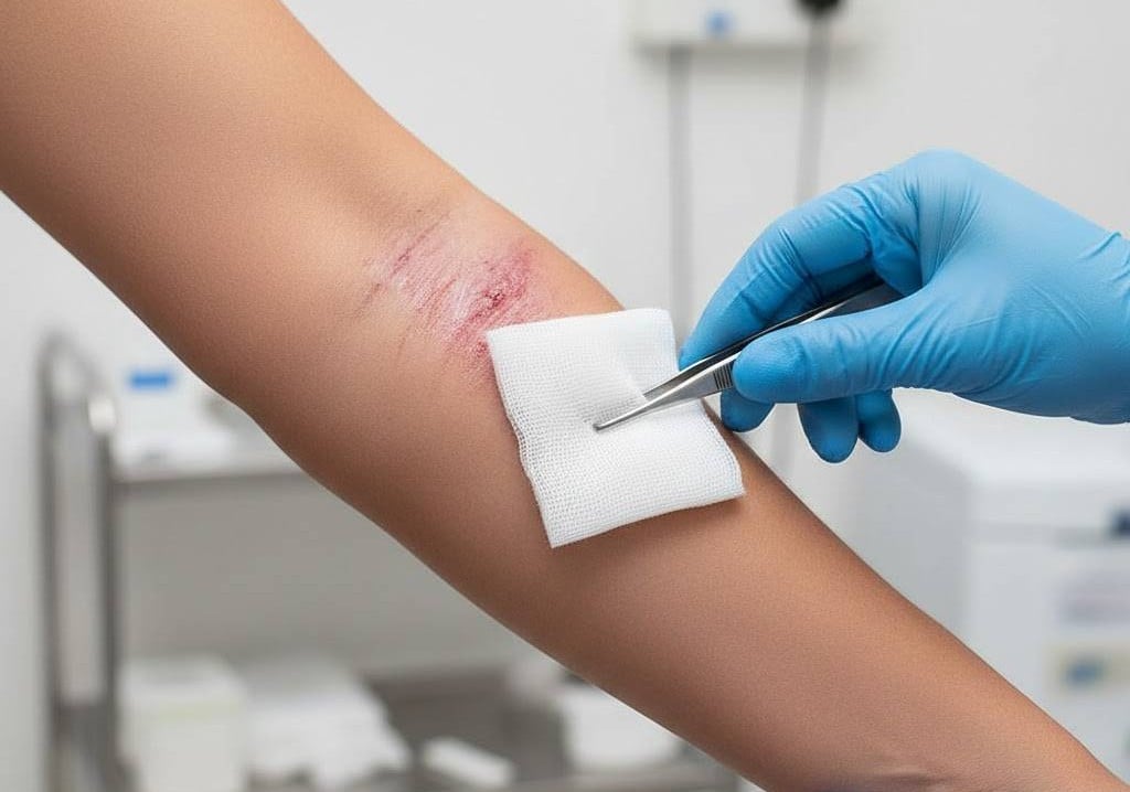 Doctor putting patch on a patient's arm bedsore