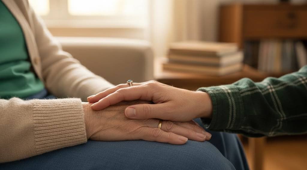 Family member holding patient's hand