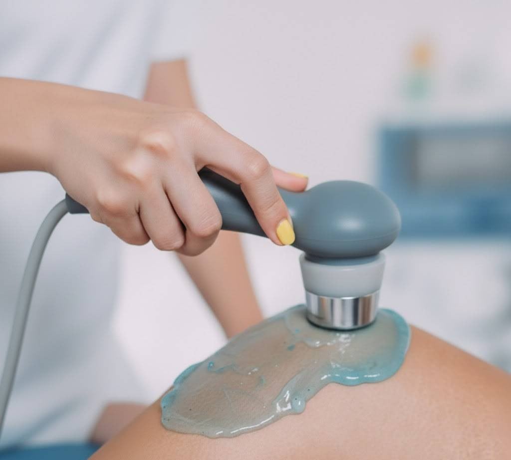 Hand holding an ultrasound probe, applying gel to a patient’s knee for imaging
