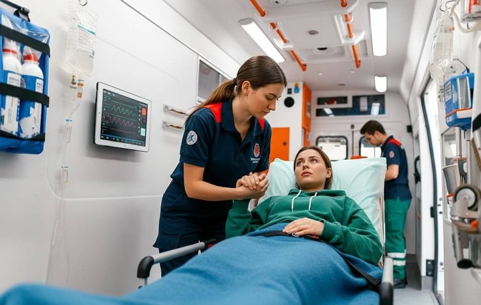 Doctor holding patient's hand inside of a private ambulance