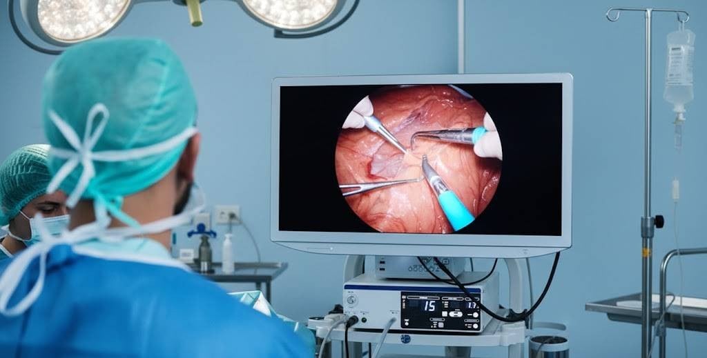 Doctors examining surgery on screen