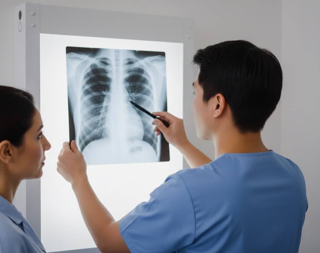 Two doctors examining a lung x-ray