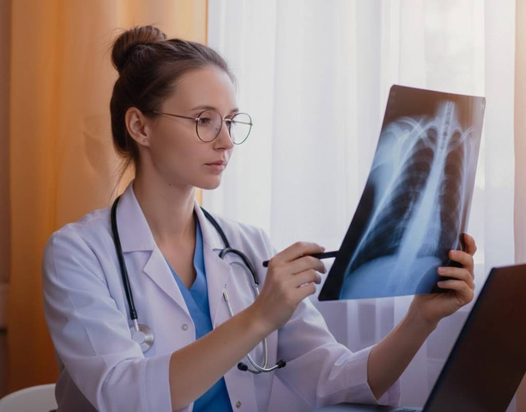 A doctor examining a lung x-ray