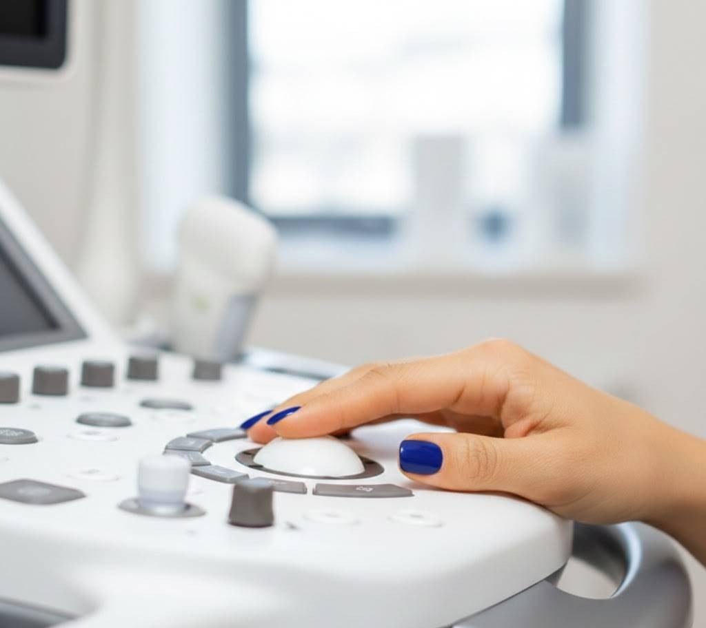 A hand resting on a medical ultrasound probe used for a heart triplex examination