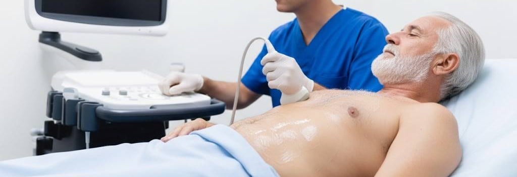 A man lying down while a technician performs a heart triplex ultrasound, scanning his chest with a probe
