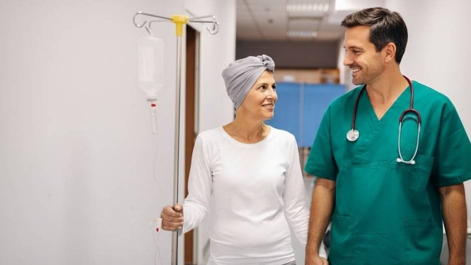 Patient and doctor smiling