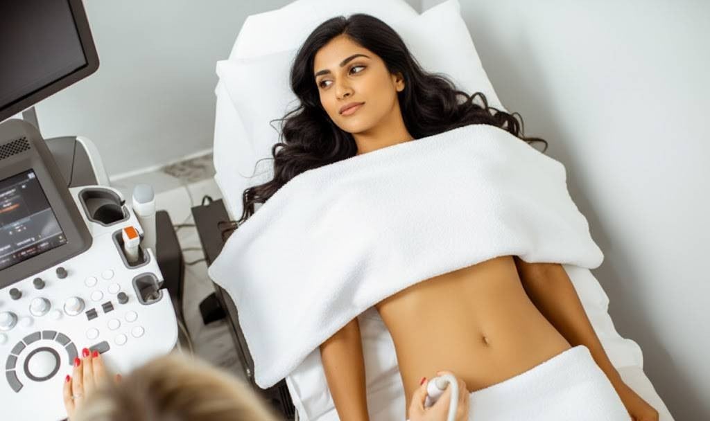 Lower abdominal ultrasound performed on woman