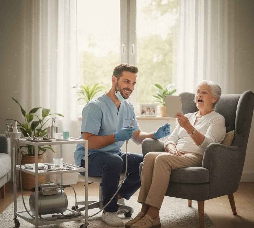 Patient getting examined by a dentist at home
