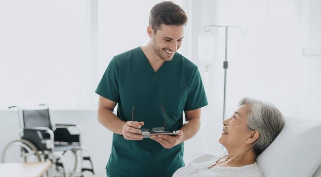 Patient with tube inserted and doctor smiling