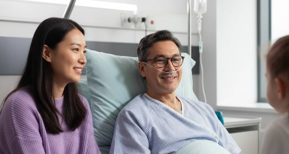 Patient with tube inserted with family members smiling