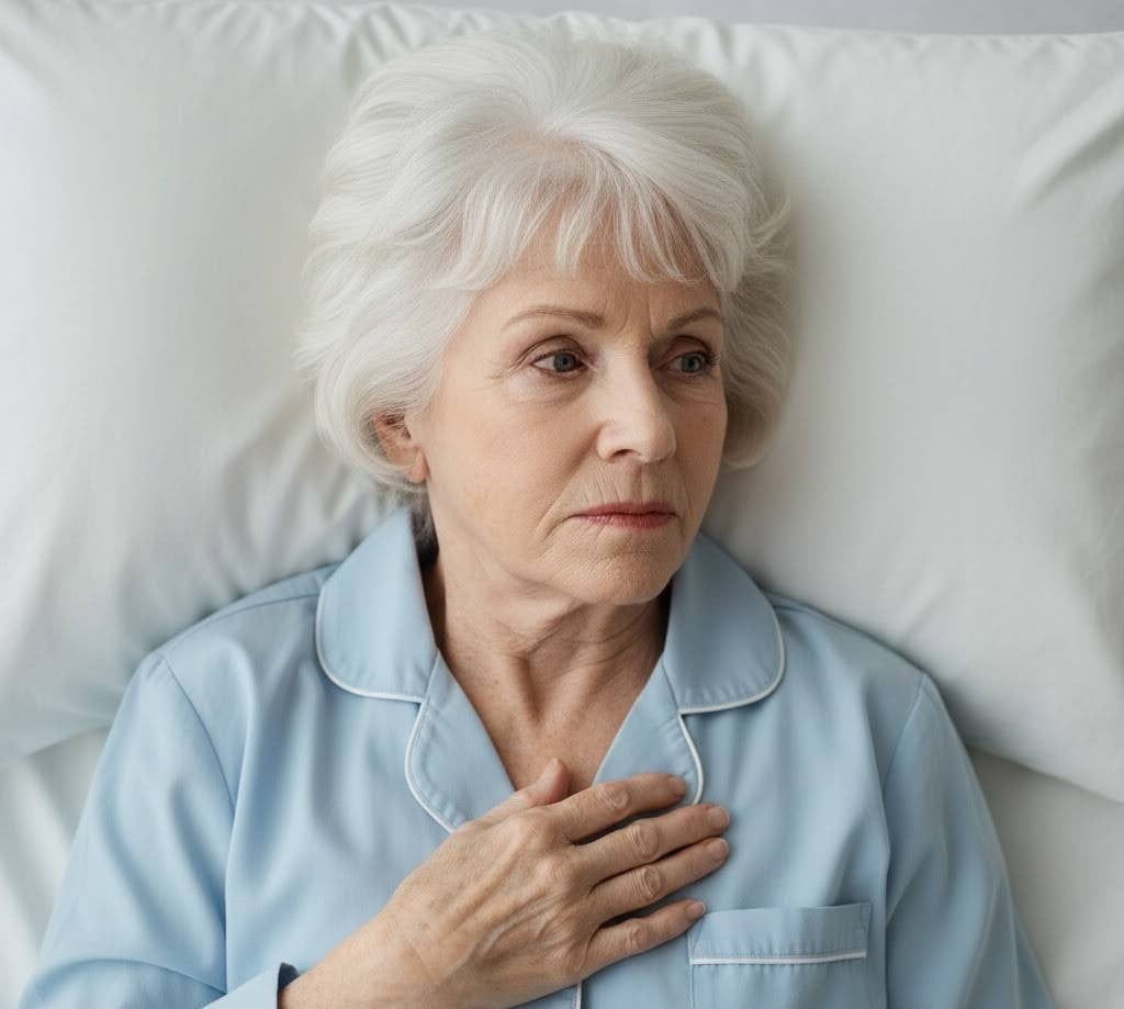 Woman on bed with her hand on her chest