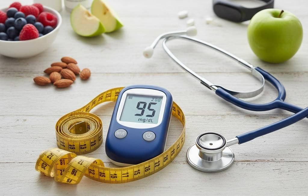 Glucometer, measuring tape and stethoscope on a table