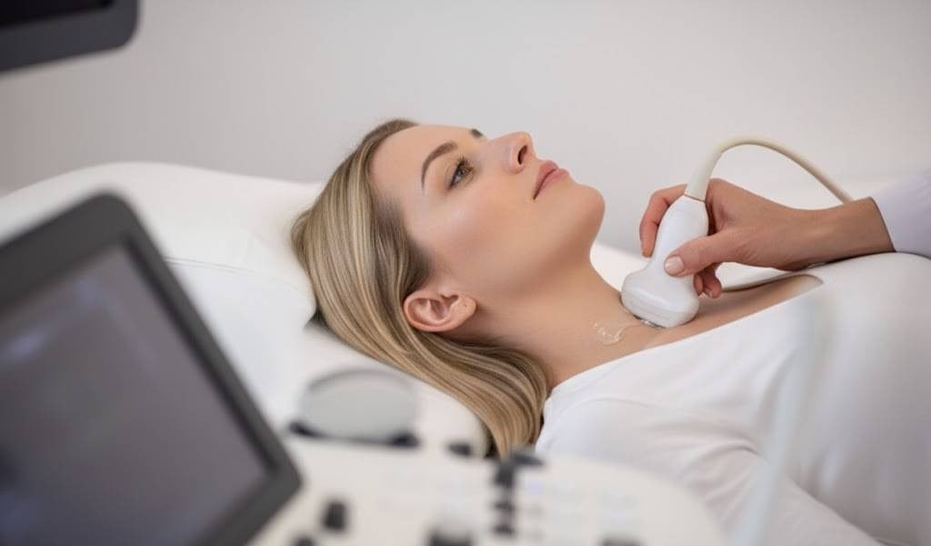 Woman undergoing a thyroid ultrasound