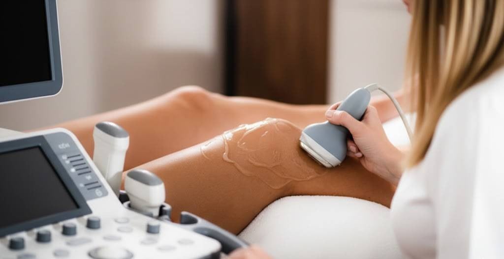 Doctor applying gel on patient's leg for examination