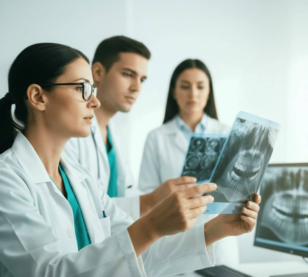 Doctors reviewing X-ray images on a screen, analyzing medical scans for diagnosis