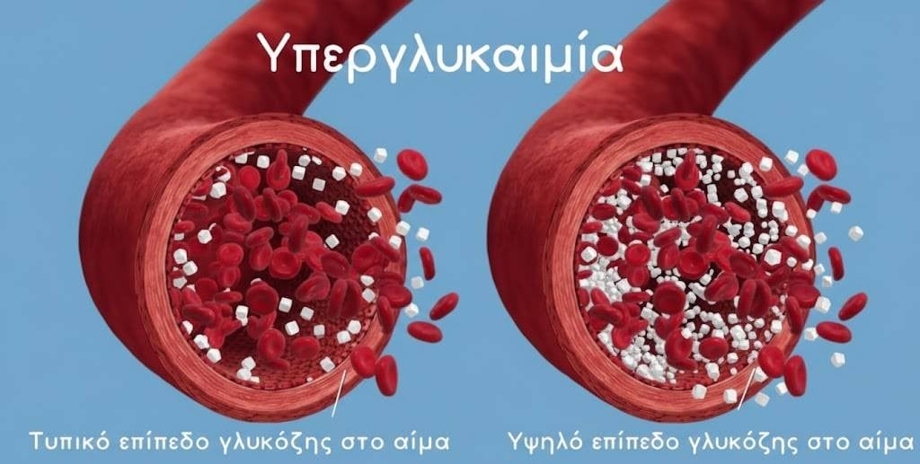 Illustration showing typical versus high glucose levels in blood