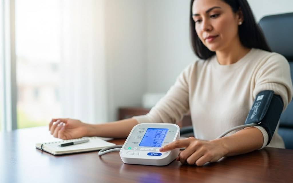 Woman measuring blood pressure results using a medical device